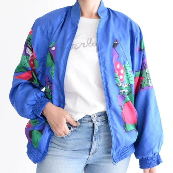 Vintage TanJay Blue Nylon Pink & Green Abstract Design Light Bomber Jacket XS - Picture 3 of 14